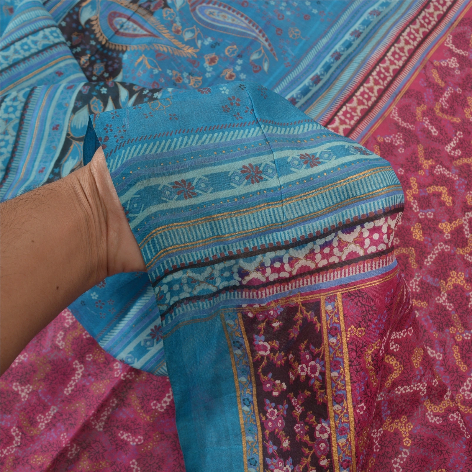 Sanskriti Vintage Pink Sarees 100% Pure Silk Printed Sari Craft Indian Fabric, PR-54720-Pink &amp; Blue-Printed Work-100% Pure Silk-5