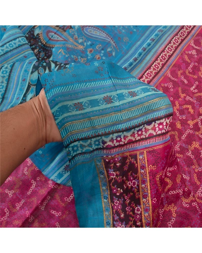 Sanskriti Vintage Pink Sarees 100% Pure Silk Printed Sari Craft Indian Fabric, PR-54720-Pink &amp; Blue-Printed Work-100% Pure Silk-5