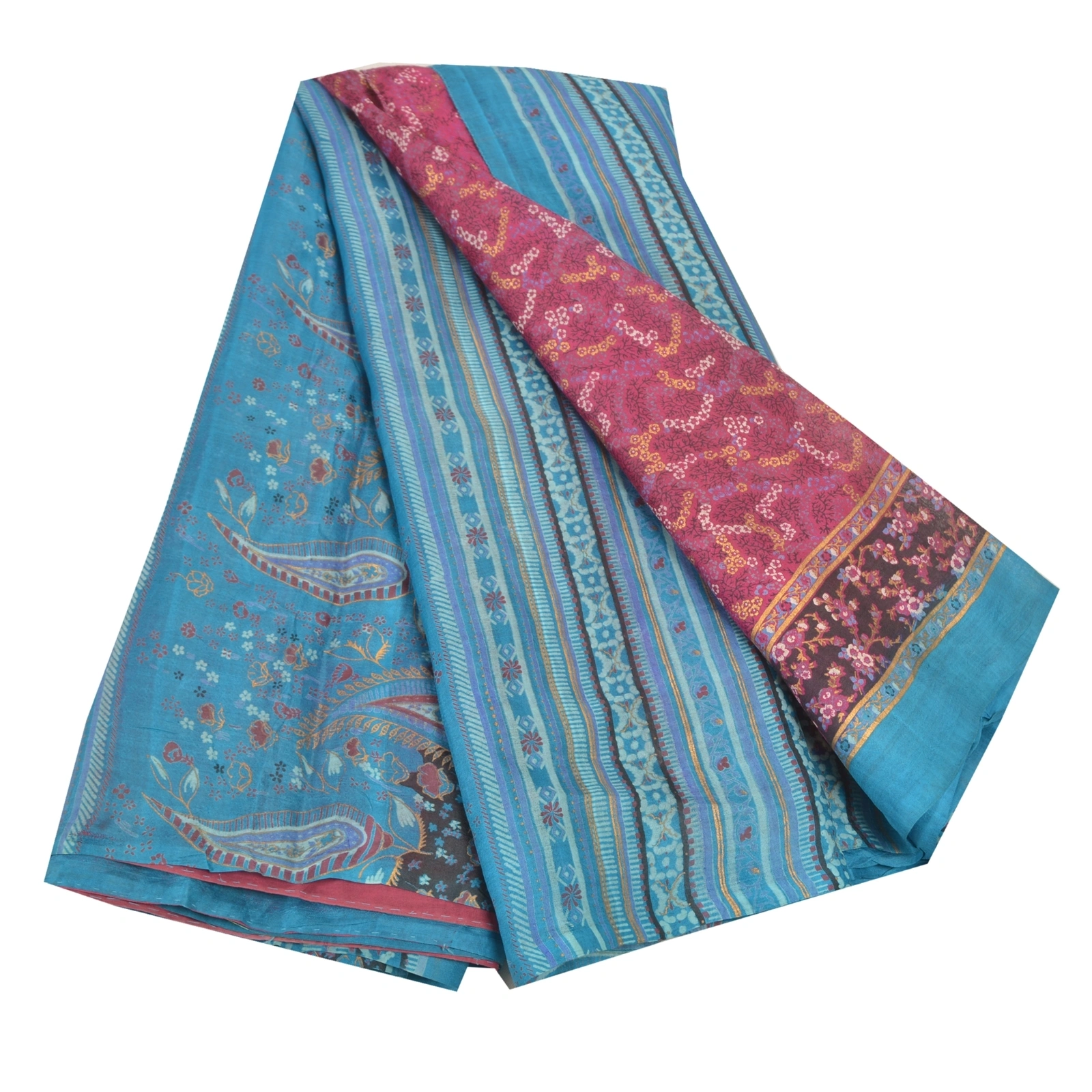 Sanskriti Vintage Pink Sarees 100% Pure Silk Printed Sari Craft Indian Fabric, PR-54720-Pink &amp; Blue-Printed Work-100% Pure Silk-6