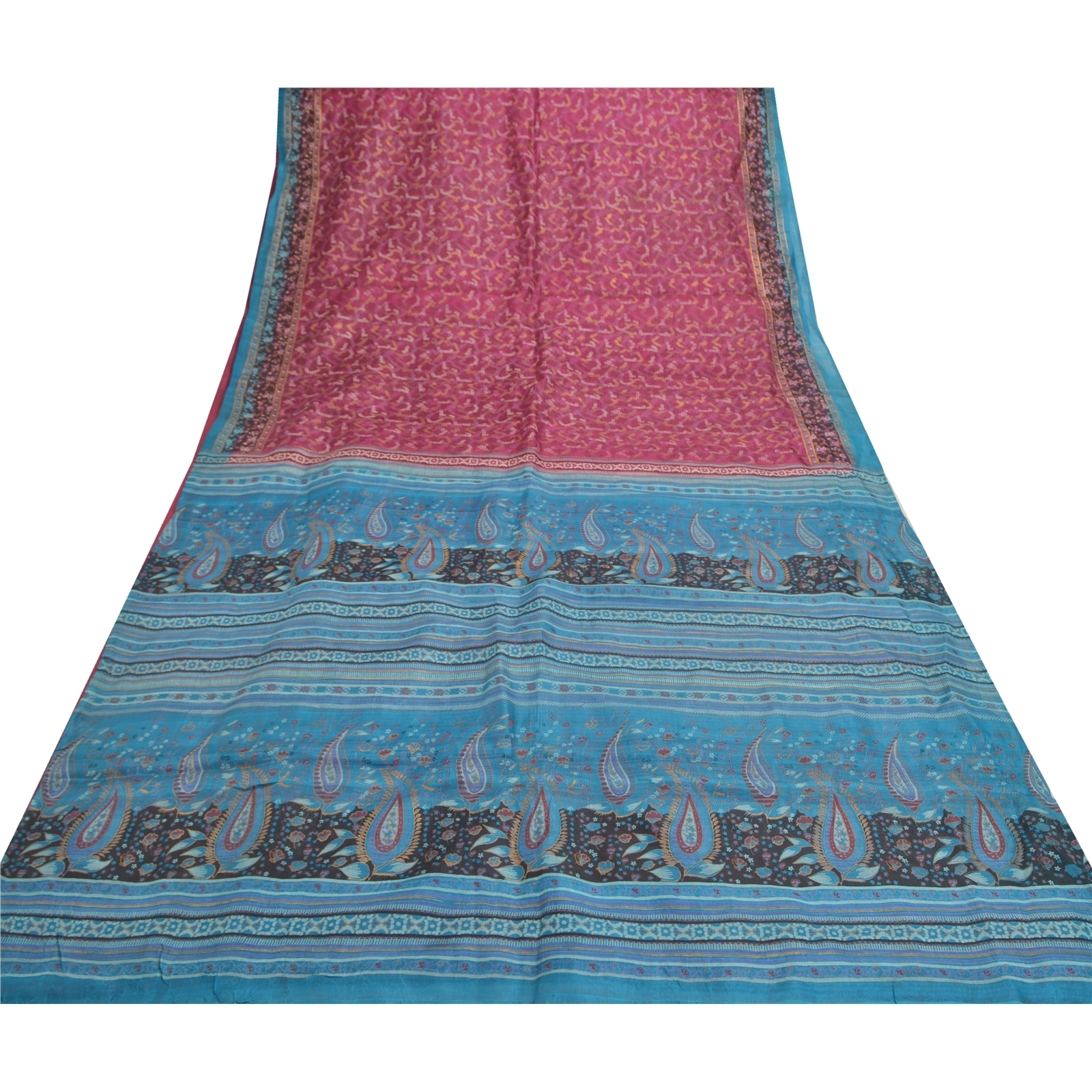 Sanskriti Vintage Pink Sarees 100% Pure Silk Printed Sari Craft Indian Fabric, PR-54720-Pink &amp; Blue-Printed Work-100% Pure Silk-7