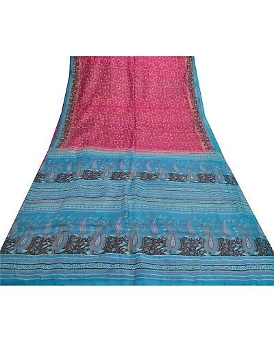 Sanskriti Vintage Pink Sarees 100% Pure Silk Printed Sari Craft Indian Fabric, PR-54720-Pink &amp; Blue-Printed Work-100% Pure Silk-7