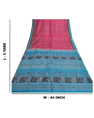 Sanskriti Vintage Pink Sarees 100% Pure Silk Printed Sari Craft Indian Fabric, PR-54720-Pink &amp; Blue-Printed Work-100% Pure Silk-8