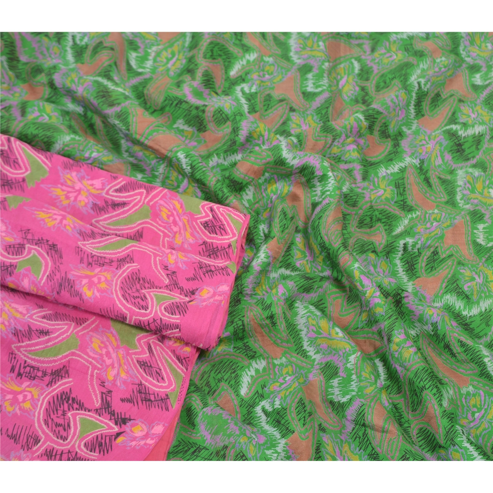 Sanskriti Vintage Pink &amp; Green Sarees Pure Silk Printed Sari Soft Craft Fabric, PR-54833-Pink &amp; Green-Pure Silk-1