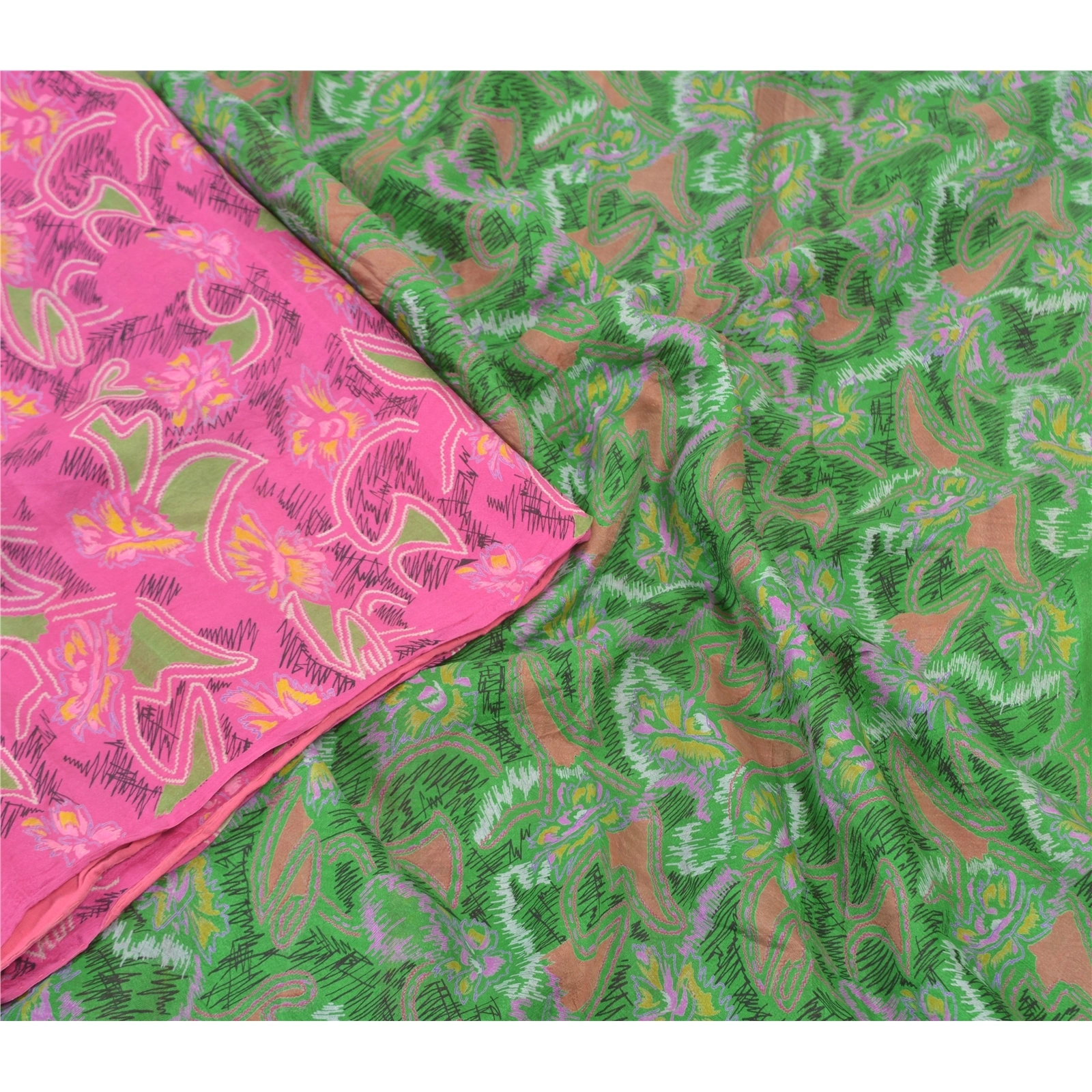 Sanskriti Vintage Pink &amp; Green Sarees Pure Silk Printed Sari Soft Craft Fabric, PR-54833-Pink &amp; Green-Pure Silk-2