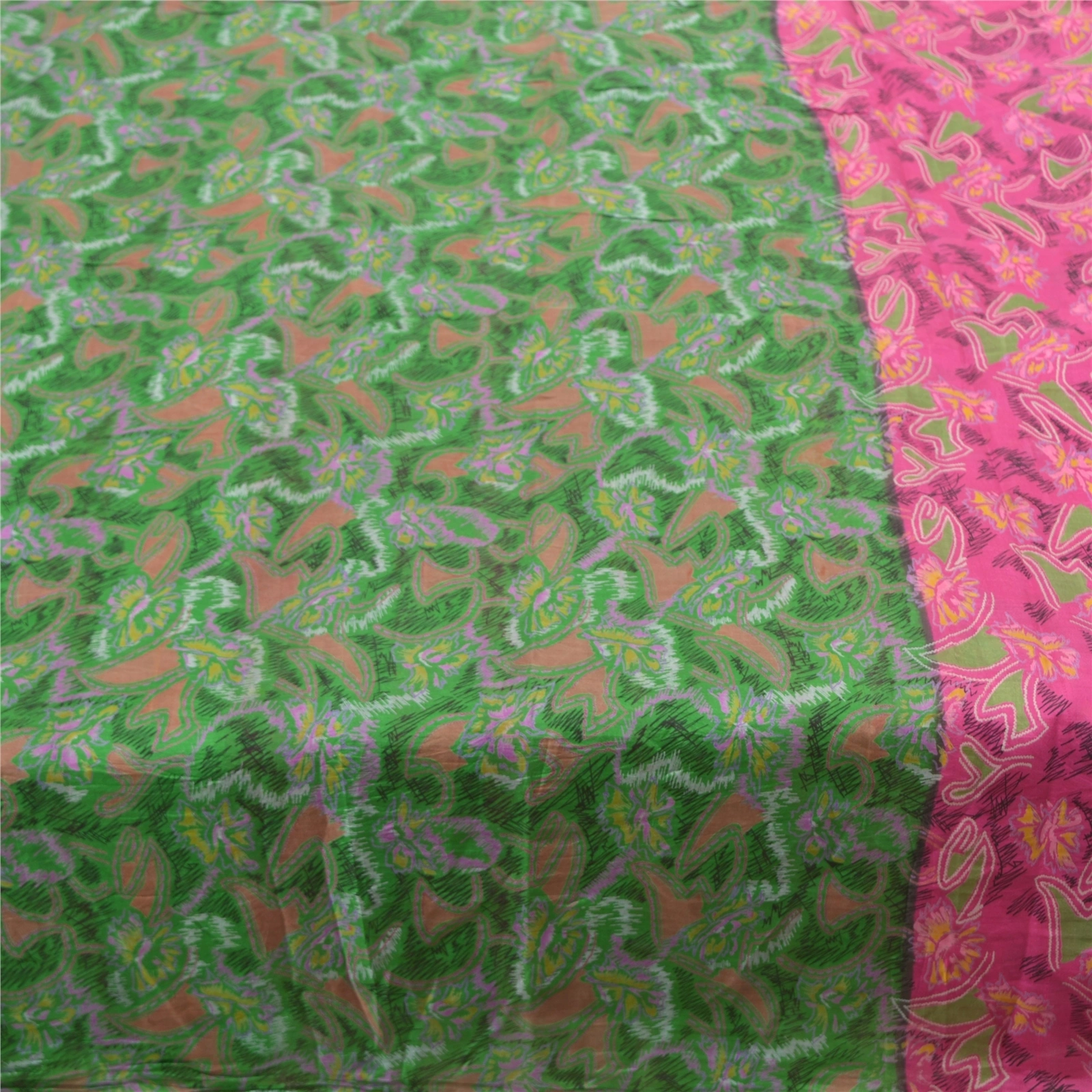 Sanskriti Vintage Pink &amp; Green Sarees Pure Silk Printed Sari Soft Craft Fabric, PR-54833-Pink &amp; Green-Pure Silk-3