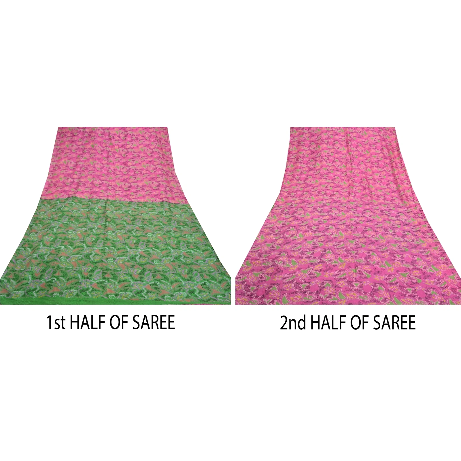 Sanskriti Vintage Pink &amp; Green Sarees Pure Silk Printed Sari Soft Craft Fabric, PR-54833-Pink &amp; Green-Pure Silk-4