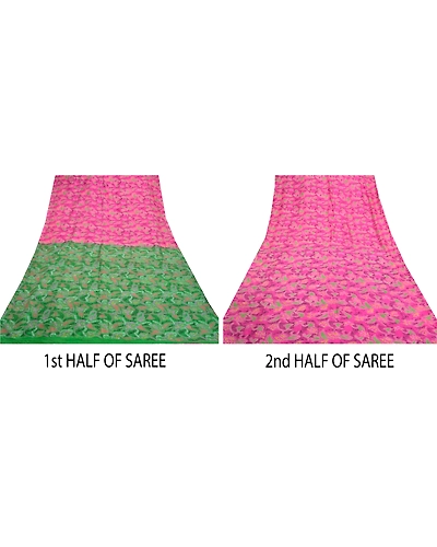 Sanskriti Vintage Pink &amp; Green Sarees Pure Silk Printed Sari Soft Craft Fabric, PR-54833-Pink &amp; Green-Pure Silk-4