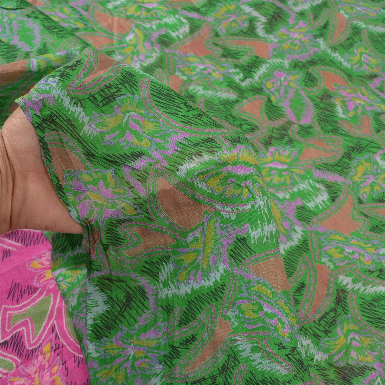 Sanskriti Vintage Pink &amp; Green Sarees Pure Silk Printed Sari Soft Craft Fabric, PR-54833-Pink &amp; Green-Pure Silk-5