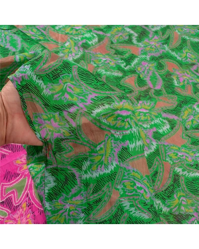 Sanskriti Vintage Pink &amp; Green Sarees Pure Silk Printed Sari Soft Craft Fabric, PR-54833-Pink &amp; Green-Pure Silk-5