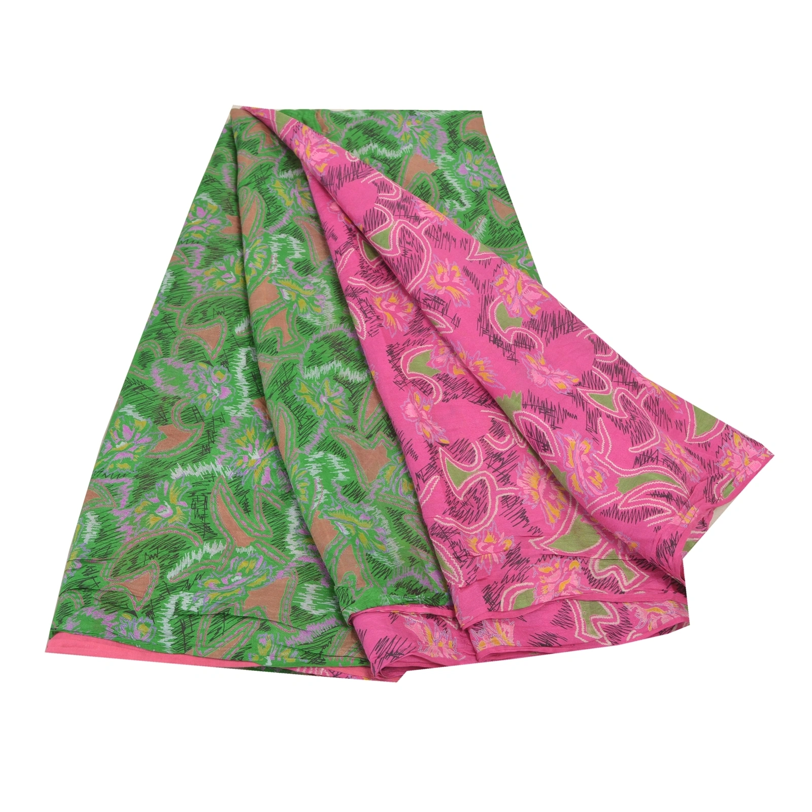 Sanskriti Vintage Pink &amp; Green Sarees Pure Silk Printed Sari Soft Craft Fabric, PR-54833-Pink &amp; Green-Pure Silk-6