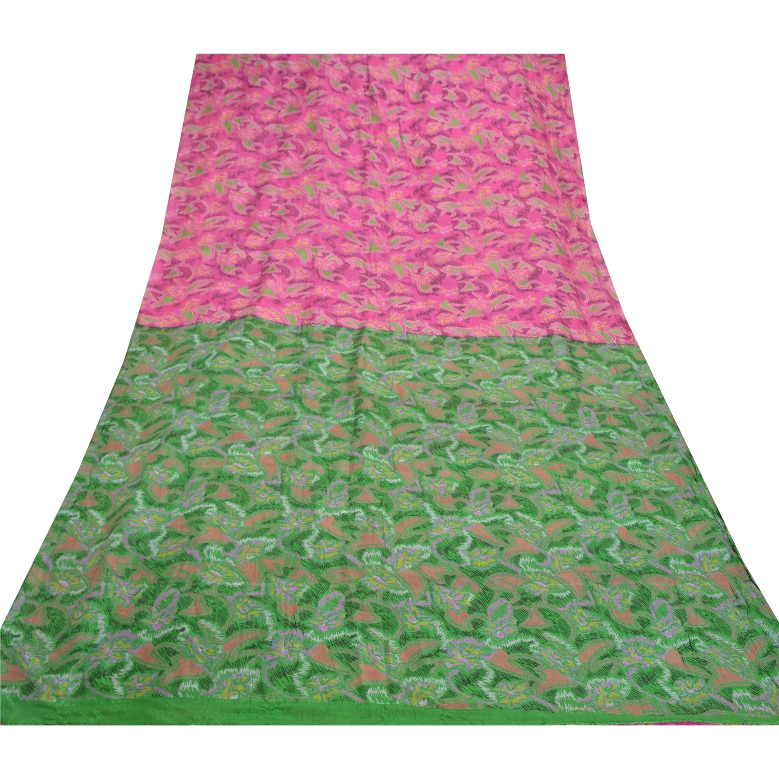 Sanskriti Vintage Pink &amp; Green Sarees Pure Silk Printed Sari Soft Craft Fabric, PR-54833-Pink &amp; Green-Pure Silk-7