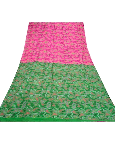 Sanskriti Vintage Pink &amp; Green Sarees Pure Silk Printed Sari Soft Craft Fabric, PR-54833-Pink &amp; Green-Pure Silk-7