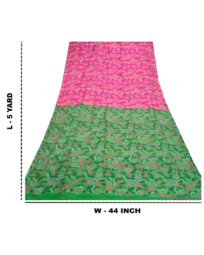 Sanskriti Vintage Pink &amp; Green Sarees Pure Silk Printed Sari Soft Craft Fabric, PR-54833-Pink &amp; Green-Pure Silk-8