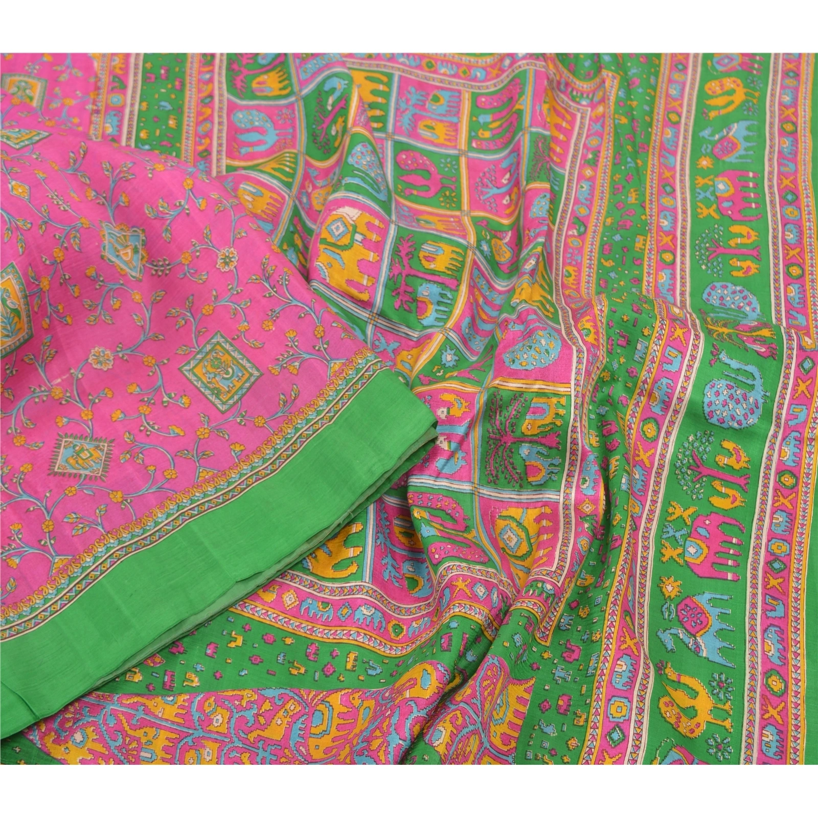 Sanskriti Vintage Pink Sarees Pure Silk Animal Printed Sari Soft Craft Fabric, PR-54835-Pink-Pure Silk-2