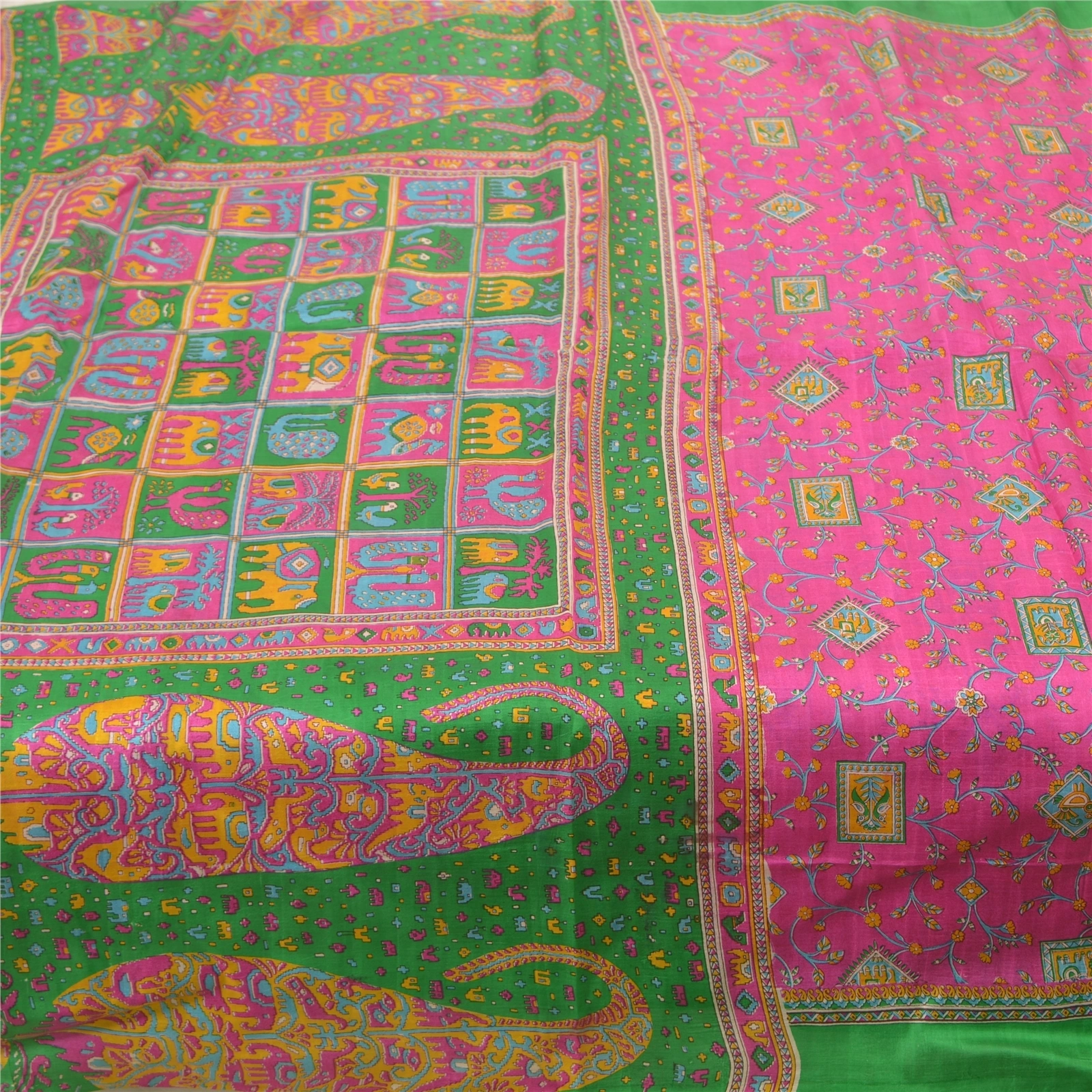 Sanskriti Vintage Pink Sarees Pure Silk Animal Printed Sari Soft Craft Fabric, PR-54835-Pink-Pure Silk-3