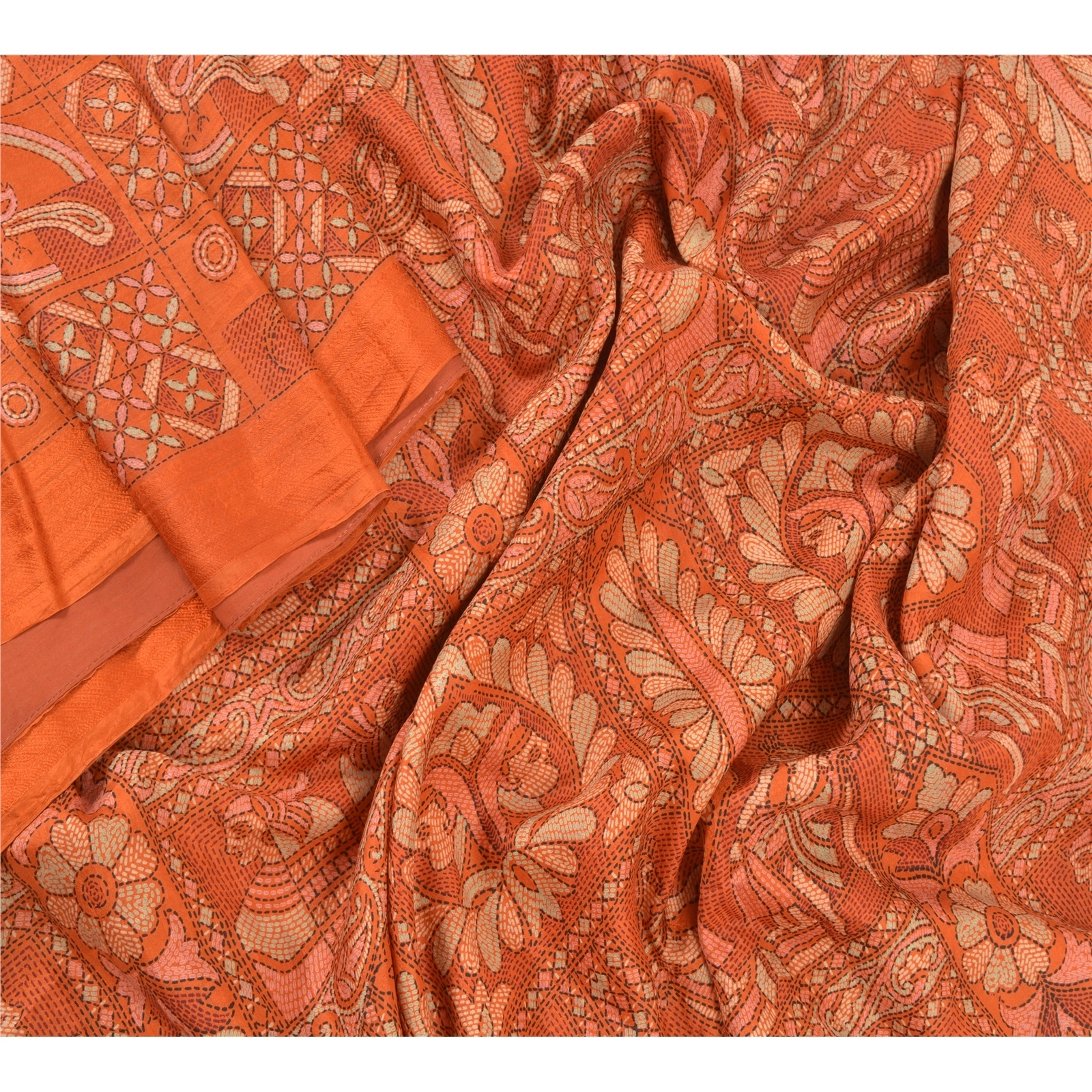 Sanskriti Vintage Orange Sarees Pure Silk Human Peacock Print Sari Craft Fabric, PR-54872-Orange-Pure Silk-1