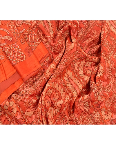 Sanskriti Vintage Orange Sarees Pure Silk Human Peacock Print Sari Craft Fabric, PR-54872-Orange-Pure Silk-1