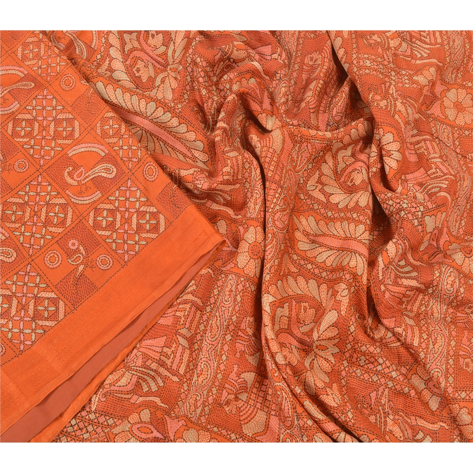 Sanskriti Vintage Orange Sarees Pure Silk Human Peacock Print Sari Craft Fabric, PR-54872-Orange-Pure Silk-2