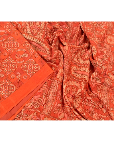 Sanskriti Vintage Orange Sarees Pure Silk Human Peacock Print Sari Craft Fabric, PR-54872-Orange-Pure Silk-2