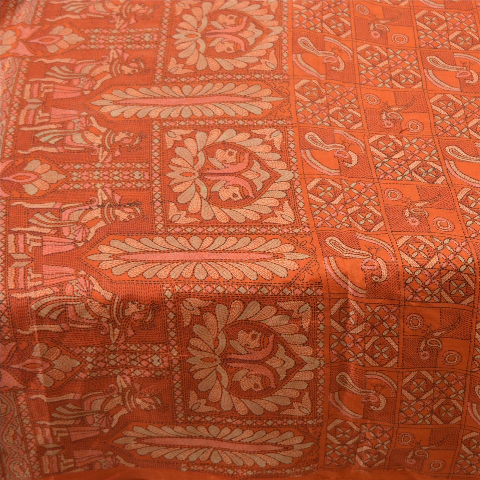 Sanskriti Vintage Orange Sarees Pure Silk Human Peacock Print Sari Craft Fabric, PR-54872-Orange-Pure Silk-3