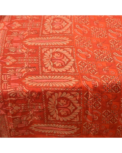 Sanskriti Vintage Orange Sarees Pure Silk Human Peacock Print Sari Craft Fabric, PR-54872-Orange-Pure Silk-3