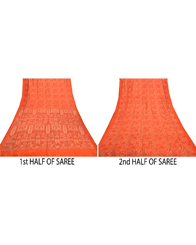 Sanskriti Vintage Orange Sarees Pure Silk Human Peacock Print Sari Craft Fabric, PR-54872-Orange-Pure Silk-4