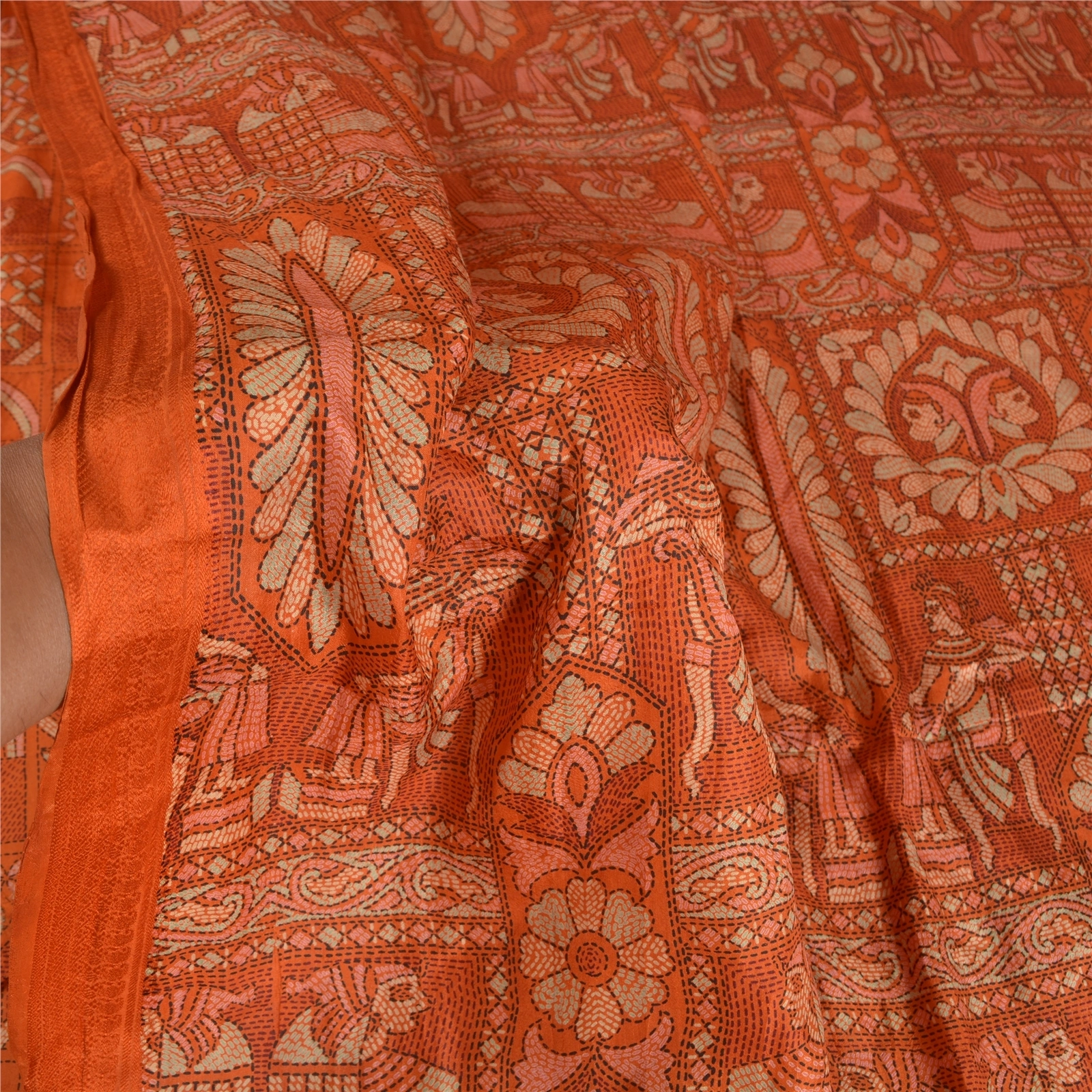 Sanskriti Vintage Orange Sarees Pure Silk Human Peacock Print Sari Craft Fabric, PR-54872-Orange-Pure Silk-5