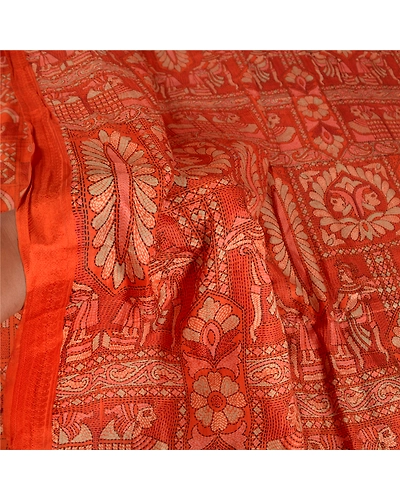 Sanskriti Vintage Orange Sarees Pure Silk Human Peacock Print Sari Craft Fabric, PR-54872-Orange-Pure Silk-5