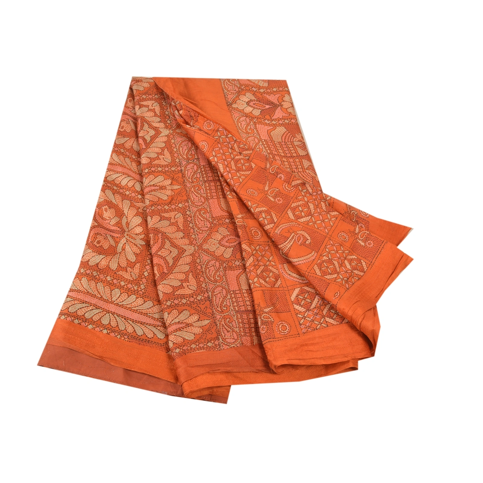 Sanskriti Vintage Orange Sarees Pure Silk Human Peacock Print Sari Craft Fabric, PR-54872-Orange-Pure Silk-6