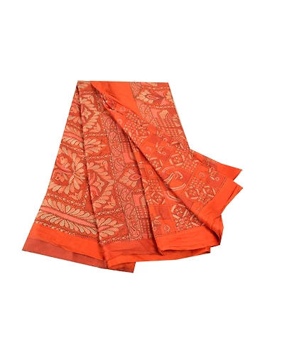 Sanskriti Vintage Orange Sarees Pure Silk Human Peacock Print Sari Craft Fabric, PR-54872-Orange-Pure Silk-6