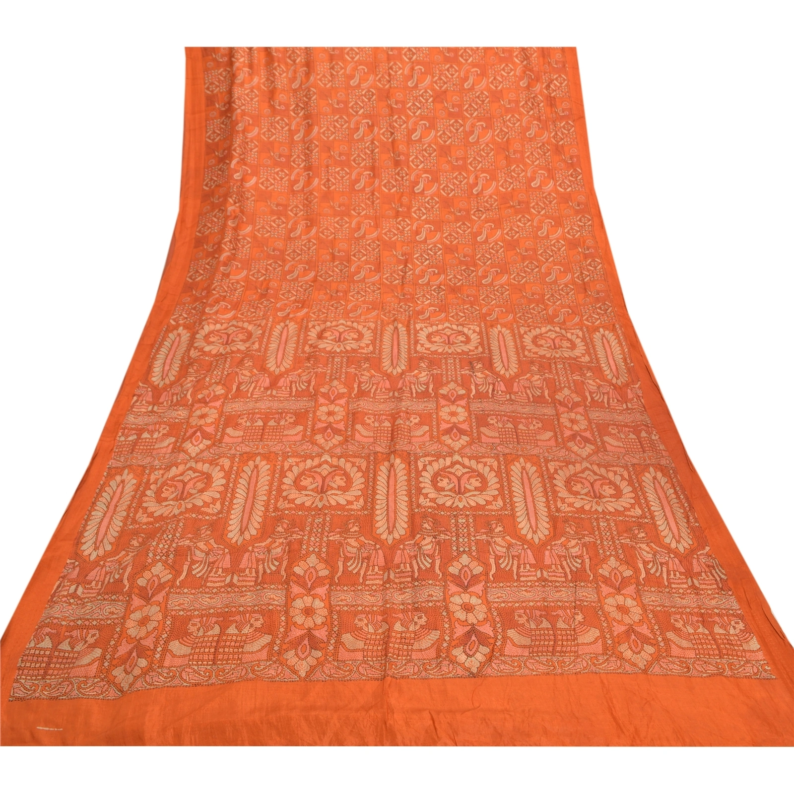 Sanskriti Vintage Orange Sarees Pure Silk Human Peacock Print Sari Craft Fabric, PR-54872-Orange-Pure Silk-7