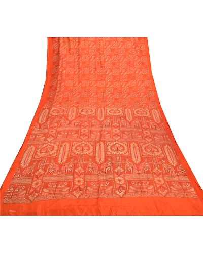 Sanskriti Vintage Orange Sarees Pure Silk Human Peacock Print Sari Craft Fabric, PR-54872-Orange-Pure Silk-7