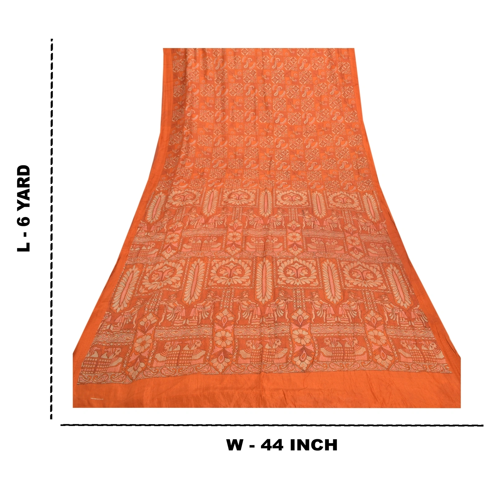 Sanskriti Vintage Orange Sarees Pure Silk Human Peacock Print Sari Craft Fabric, PR-54872-Orange-Pure Silk-8