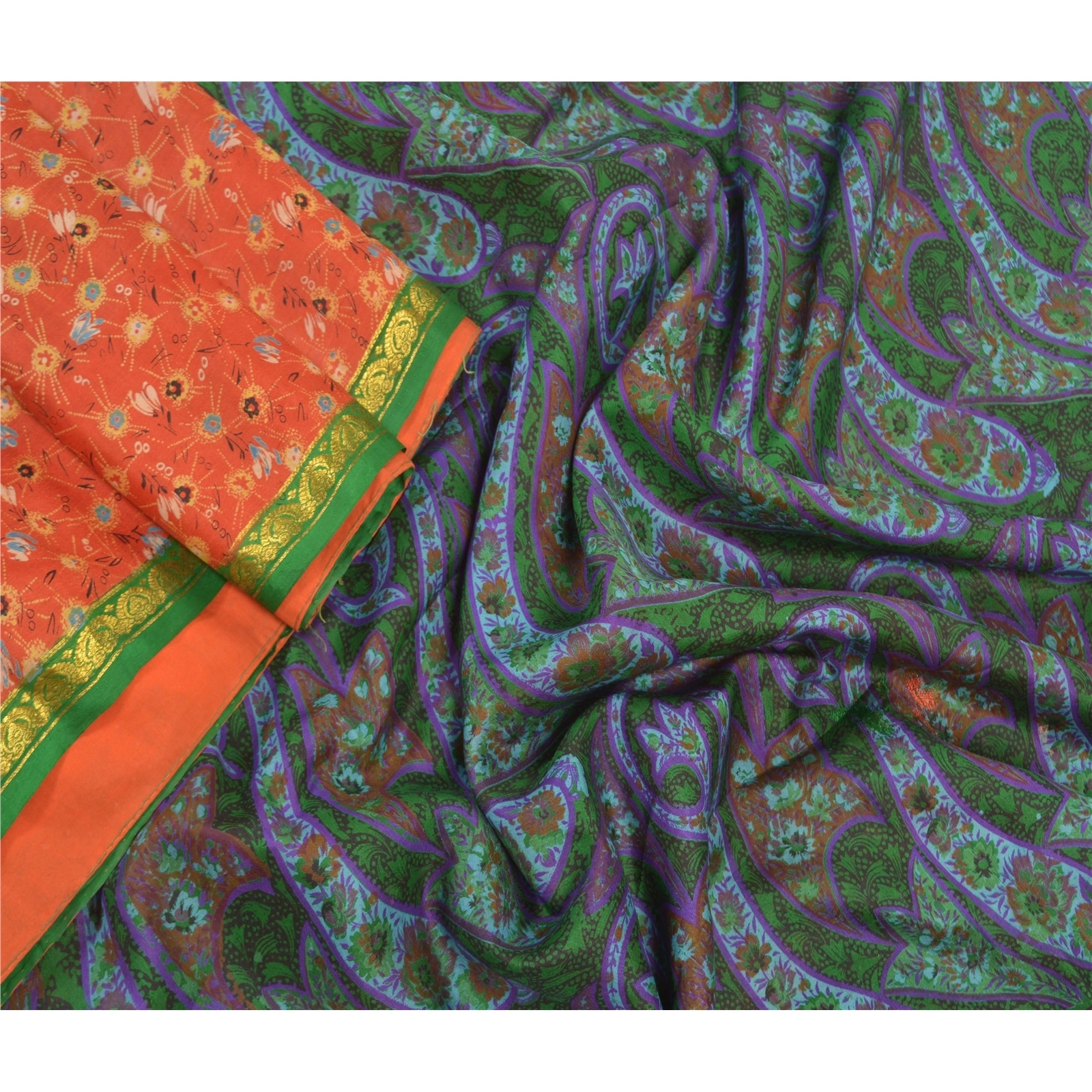 Sanskriti Vintage Red &amp; Green Sarees Pure Silk Printed Zari Border Sari Fabric, PR-54922-Red &amp; Green-Pure Silk-1