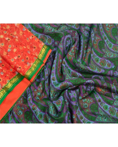 Sanskriti Vintage Red &amp; Green Sarees Pure Silk Printed Zari Border Sari Fabric, PR-54922-Red &amp; Green-Pure Silk-1