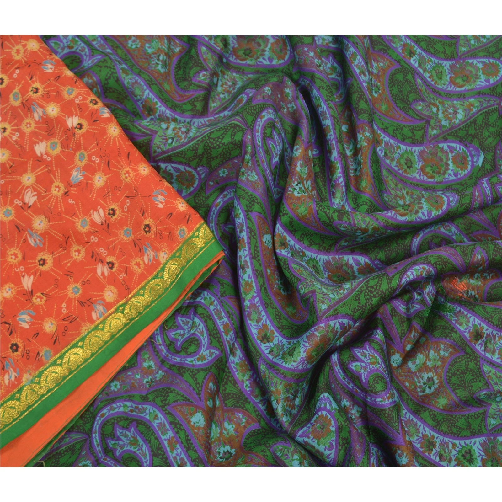 Sanskriti Vintage Red &amp; Green Sarees Pure Silk Printed Zari Border Sari Fabric, PR-54922-Red &amp; Green-Pure Silk-2