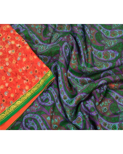 Sanskriti Vintage Red &amp; Green Sarees Pure Silk Printed Zari Border Sari Fabric, PR-54922-Red &amp; Green-Pure Silk-2