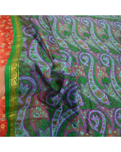 Sanskriti Vintage Red &amp; Green Sarees Pure Silk Printed Zari Border Sari Fabric, PR-54922-Red &amp; Green-Pure Silk-5