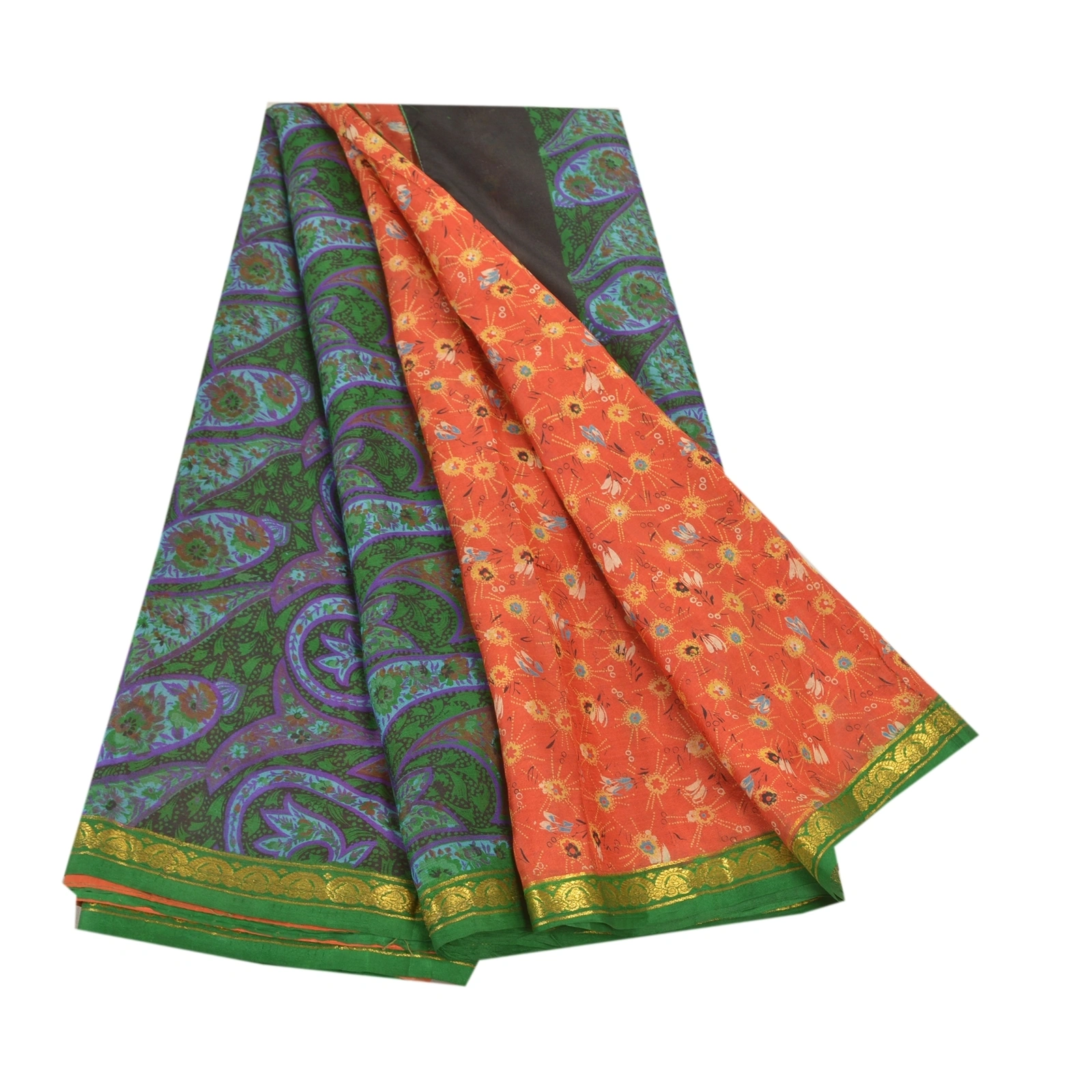 Sanskriti Vintage Red &amp; Green Sarees Pure Silk Printed Zari Border Sari Fabric, PR-54922-Red &amp; Green-Pure Silk-6