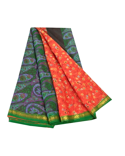 Sanskriti Vintage Red &amp; Green Sarees Pure Silk Printed Zari Border Sari Fabric, PR-54922-Red &amp; Green-Pure Silk-6