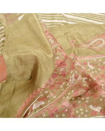 Sanskriti Vintage Green Sarees Pure Silk Paisley Printed Sari 5Yd Craft Fabric, PR-54931-Green-Pure Silk-5