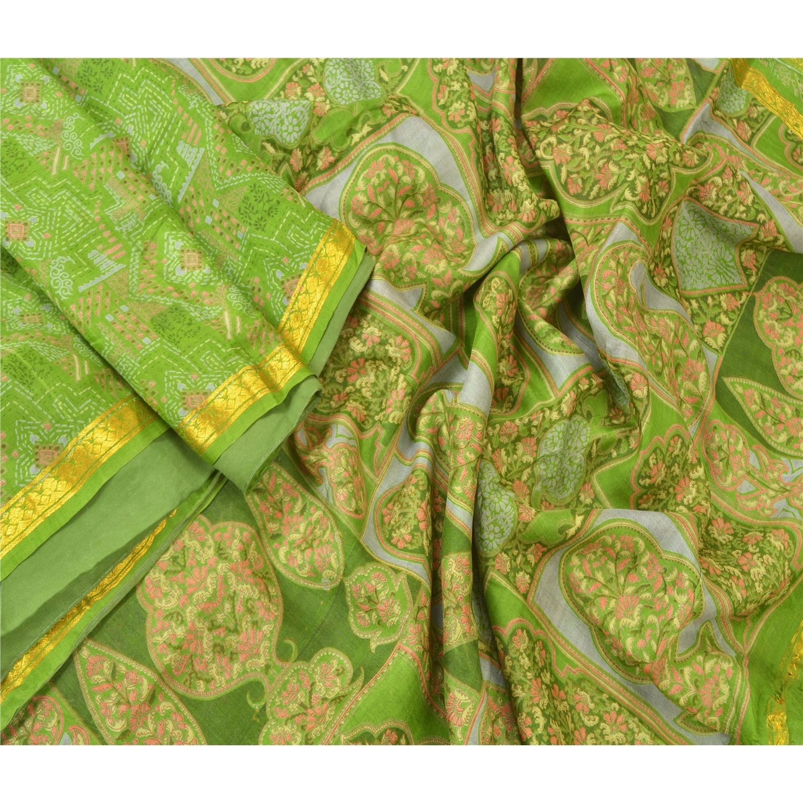 Sanskriti Vintage Green Sarees Pure Silk Printed Sari Zari Border Sewing Fabric, PR-54959-Green-Pure Silk-1