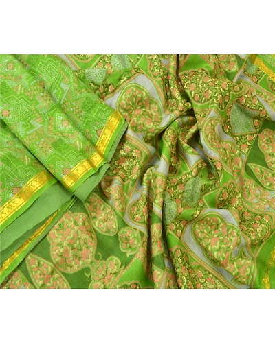 Sanskriti Vintage Green Sarees Pure Silk Printed Sari Zari Border Sewing Fabric, PR-54959-Green-Pure Silk-1