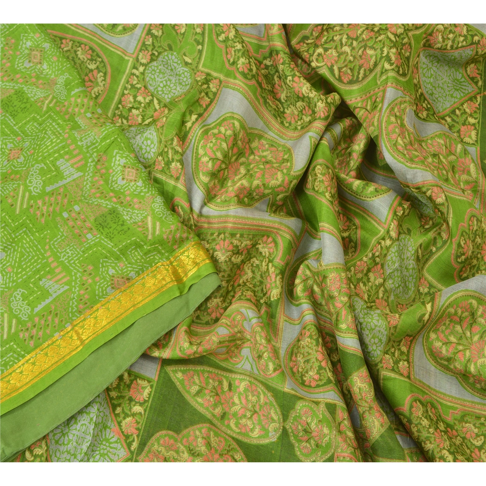 Sanskriti Vintage Green Sarees Pure Silk Printed Sari Zari Border Sewing Fabric, PR-54959-Green-Pure Silk-2