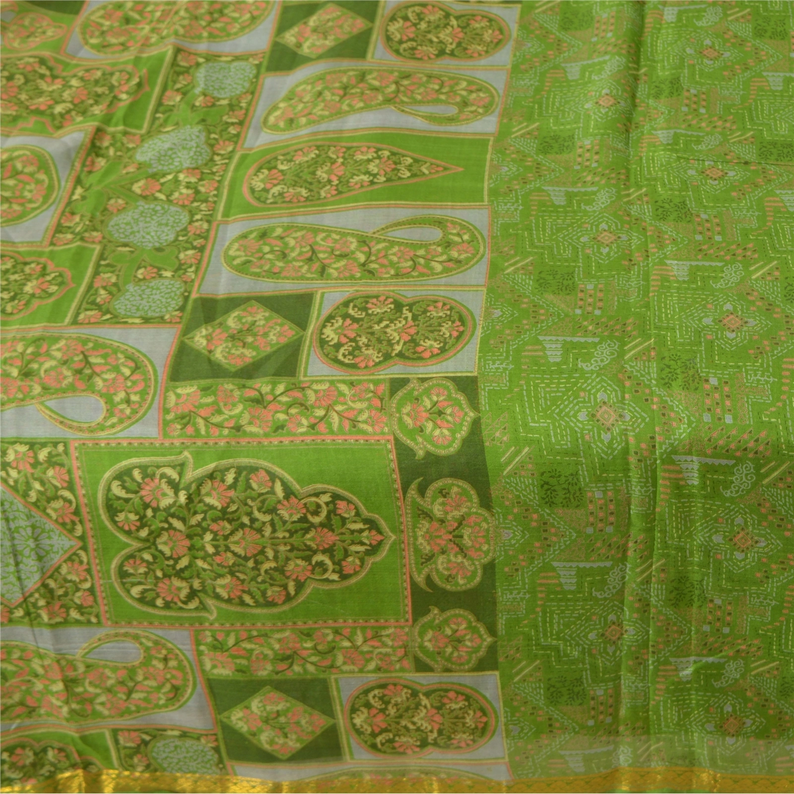 Sanskriti Vintage Green Sarees Pure Silk Printed Sari Zari Border Sewing Fabric, PR-54959-Green-Pure Silk-3