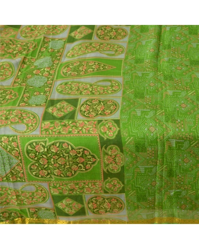 Sanskriti Vintage Green Sarees Pure Silk Printed Sari Zari Border Sewing Fabric, PR-54959-Green-Pure Silk-3