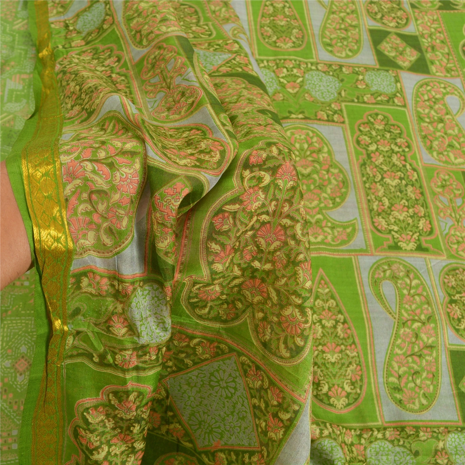 Sanskriti Vintage Green Sarees Pure Silk Printed Sari Zari Border Sewing Fabric, PR-54959-Green-Pure Silk-5