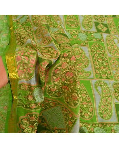 Sanskriti Vintage Green Sarees Pure Silk Printed Sari Zari Border Sewing Fabric, PR-54959-Green-Pure Silk-5