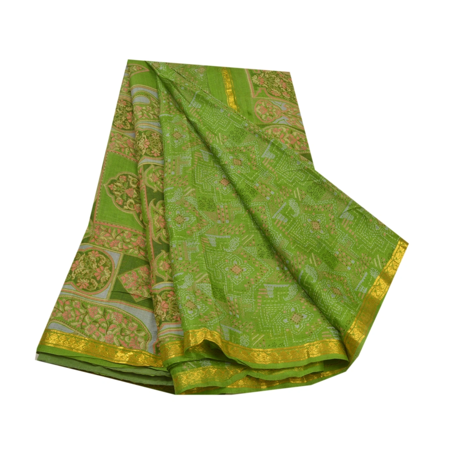 Sanskriti Vintage Green Sarees Pure Silk Printed Sari Zari Border Sewing Fabric, PR-54959-Green-Pure Silk-6