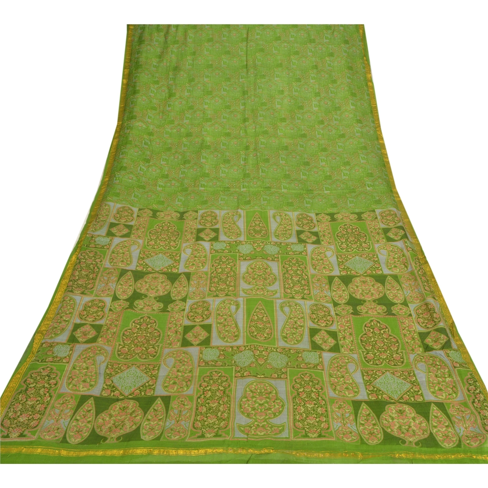 Sanskriti Vintage Green Sarees Pure Silk Printed Sari Zari Border Sewing Fabric, PR-54959-Green-Pure Silk-7